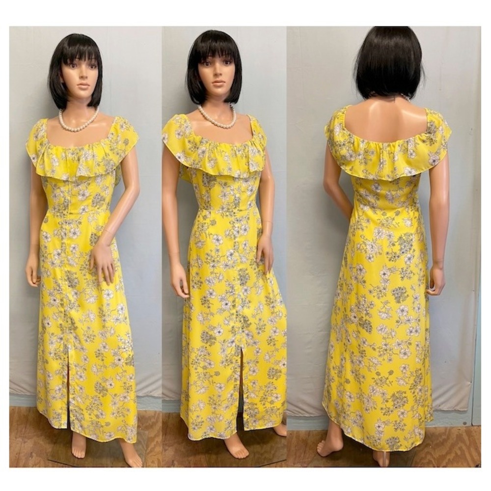 GIANNI BINI Yellow‎ with Black & White Flower Print "Aida' Dress Size L New
